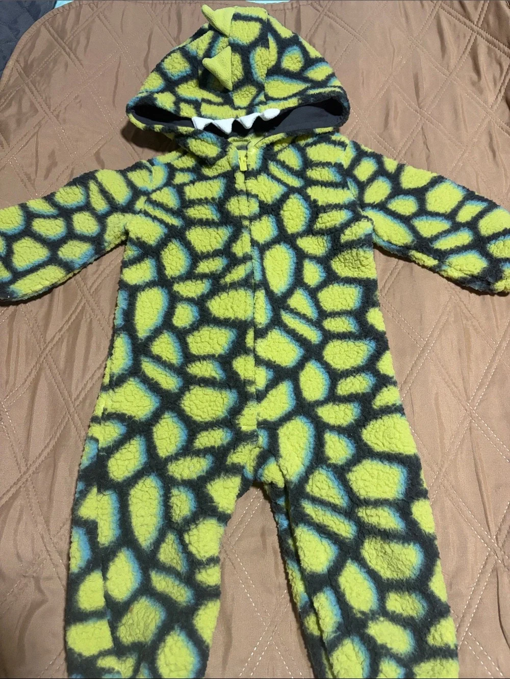 Kids Green Dino Fleece One-Piece Hooded Jumpsuit